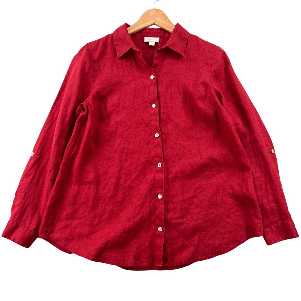 J Jill Love Linen Tab Sleeve A Line Shirt Women XS Red Coastal Cottage Resort
